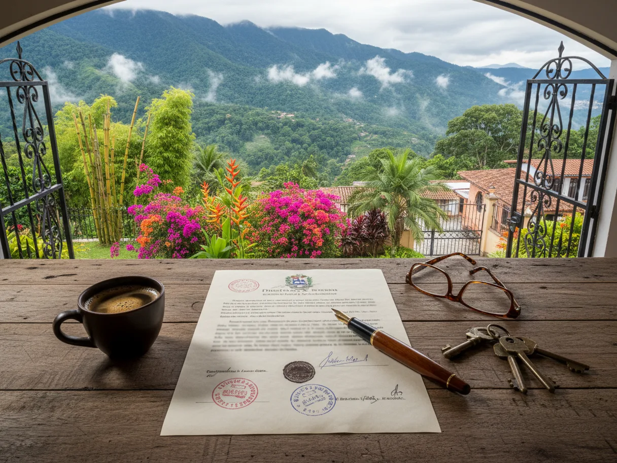 Documento de propiedad con sellos, pluma, llaves y un cafecito sobre una mesa de madera