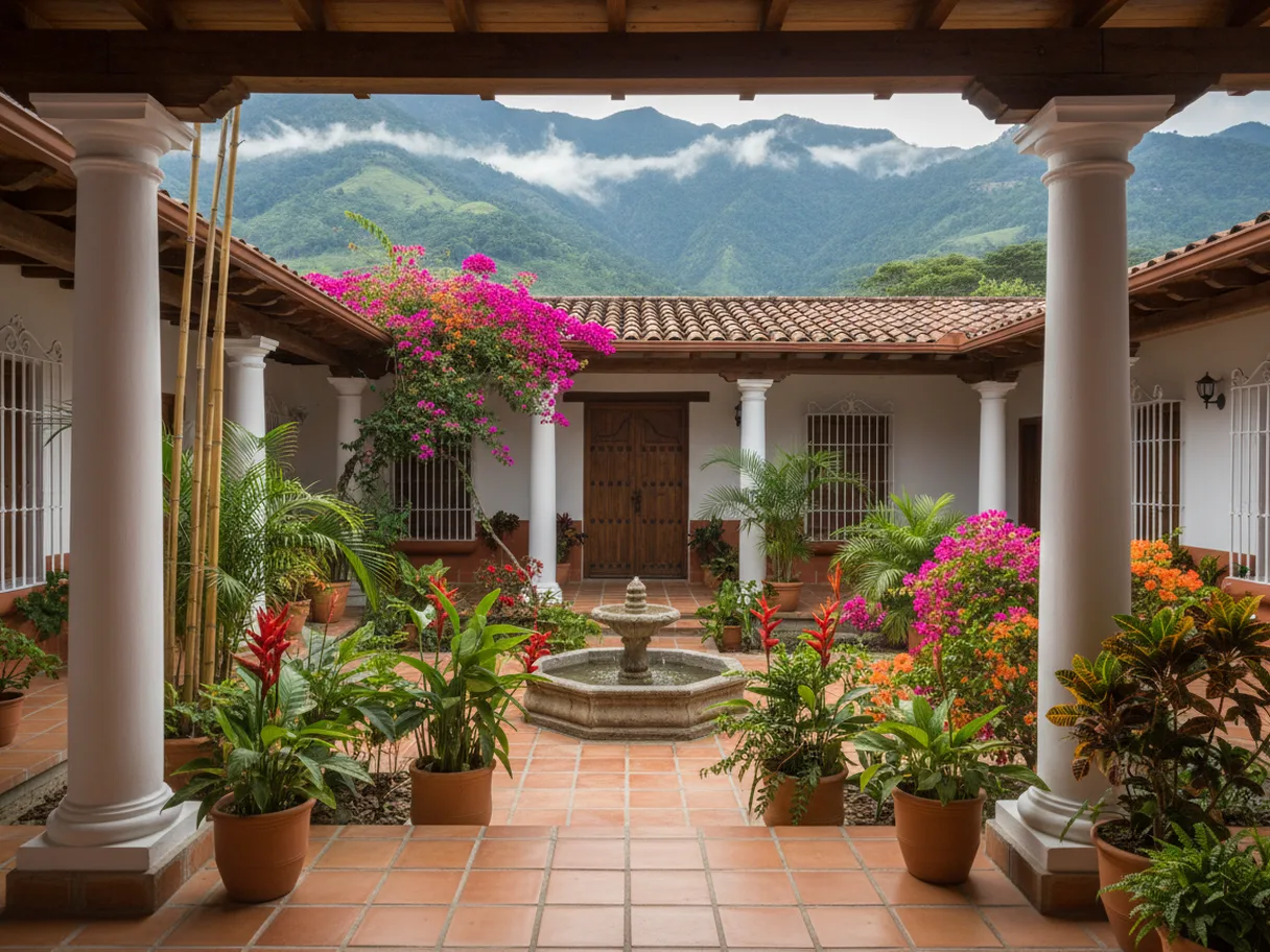Patio interior recién remodelado con columnas blancas, fuente y piso de terracota