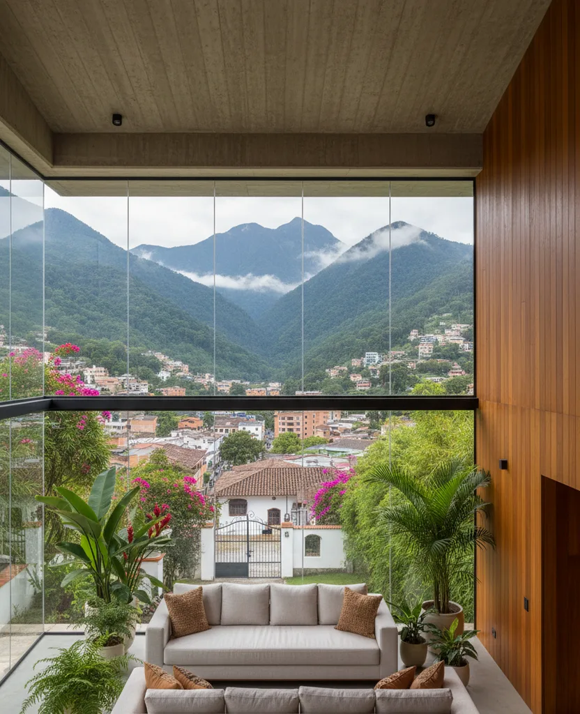 Sala de doble altura con ventanales hacia una ciudad en las laderas y montañas con neblina